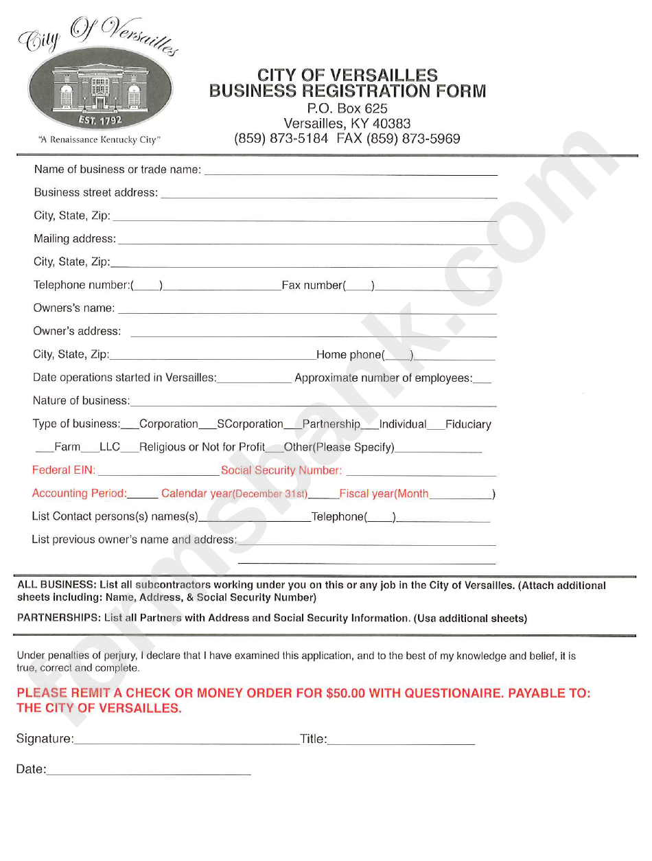 Business Registration Form City Of Versailles printable pdf download