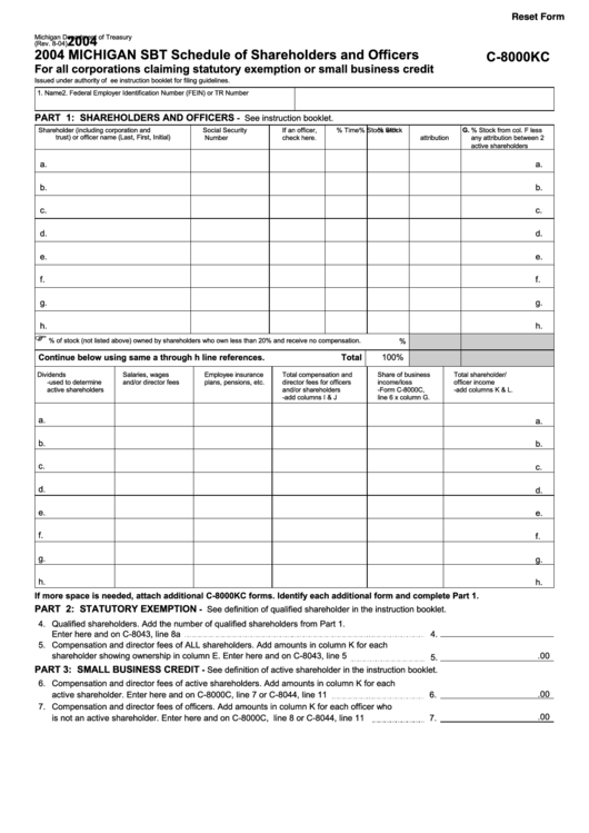 Fillable Form C8000kc Michigan Sbt Schedule Of Shareholders And
