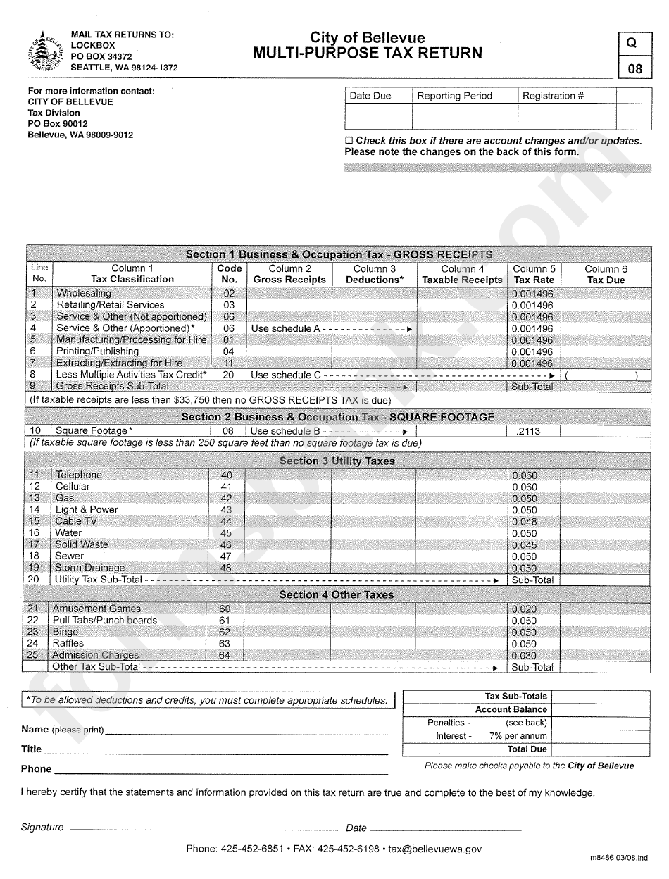 Form Q 08 MultiPurpose Tax Return City Of Bellevue printable pdf download