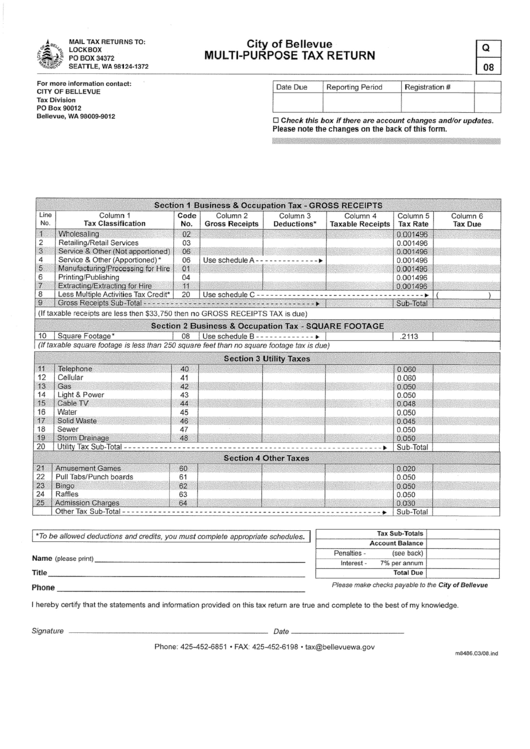 Form Q 08 MultiPurpose Tax Return City Of Bellevue printable pdf