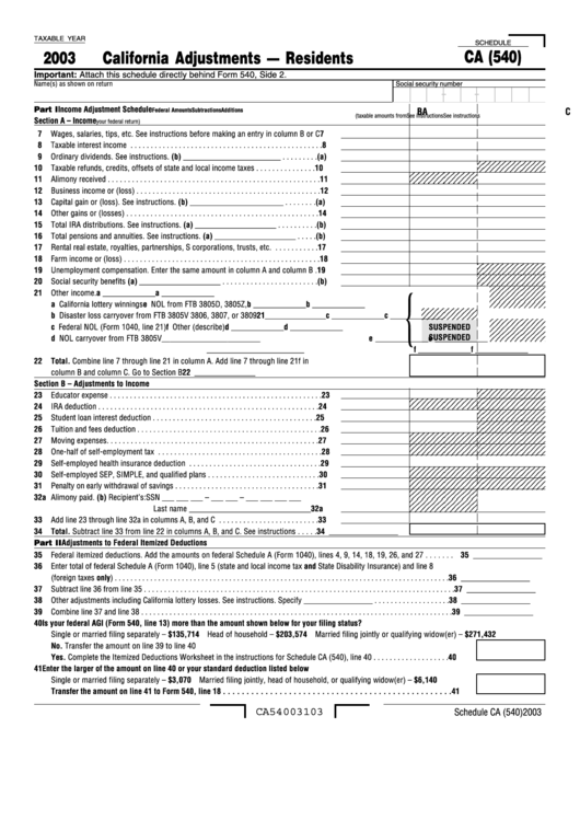 schedule 540 instructions 2023 Schedule Ca (540) California Adjustments Residents 2003 printable