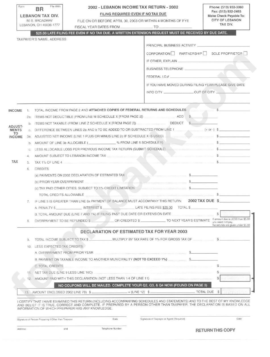 Form Br Lebanon Tax Return 2002 printable pdf download