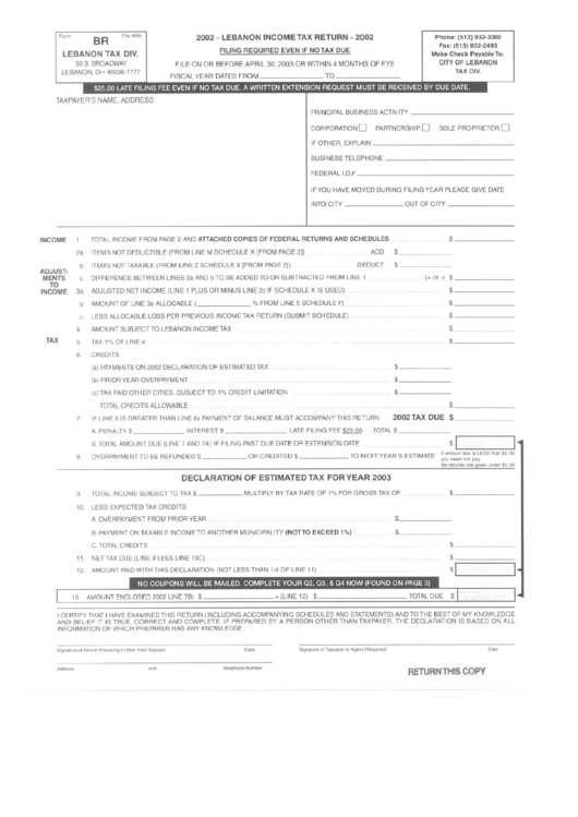 Form Br Lebanon Tax Return 2002 printable pdf download