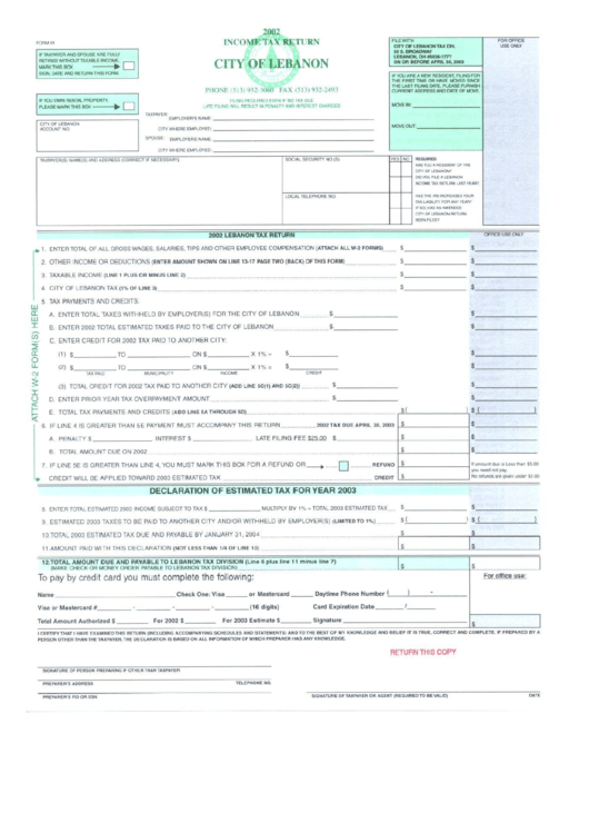 Form Ir Tax Return 2002 City Of Lebanon printable pdf download