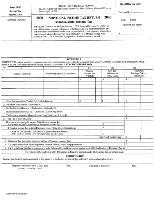 Form Ir00 Individual Tax Return 2000 Mantua Village