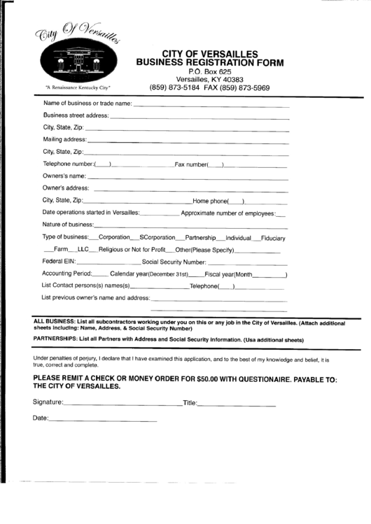Business Registration Form City Of Versailles printable pdf download