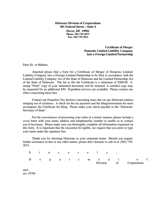 Fillable Certificate Of Merger Of A Domestic Limited Liability Company