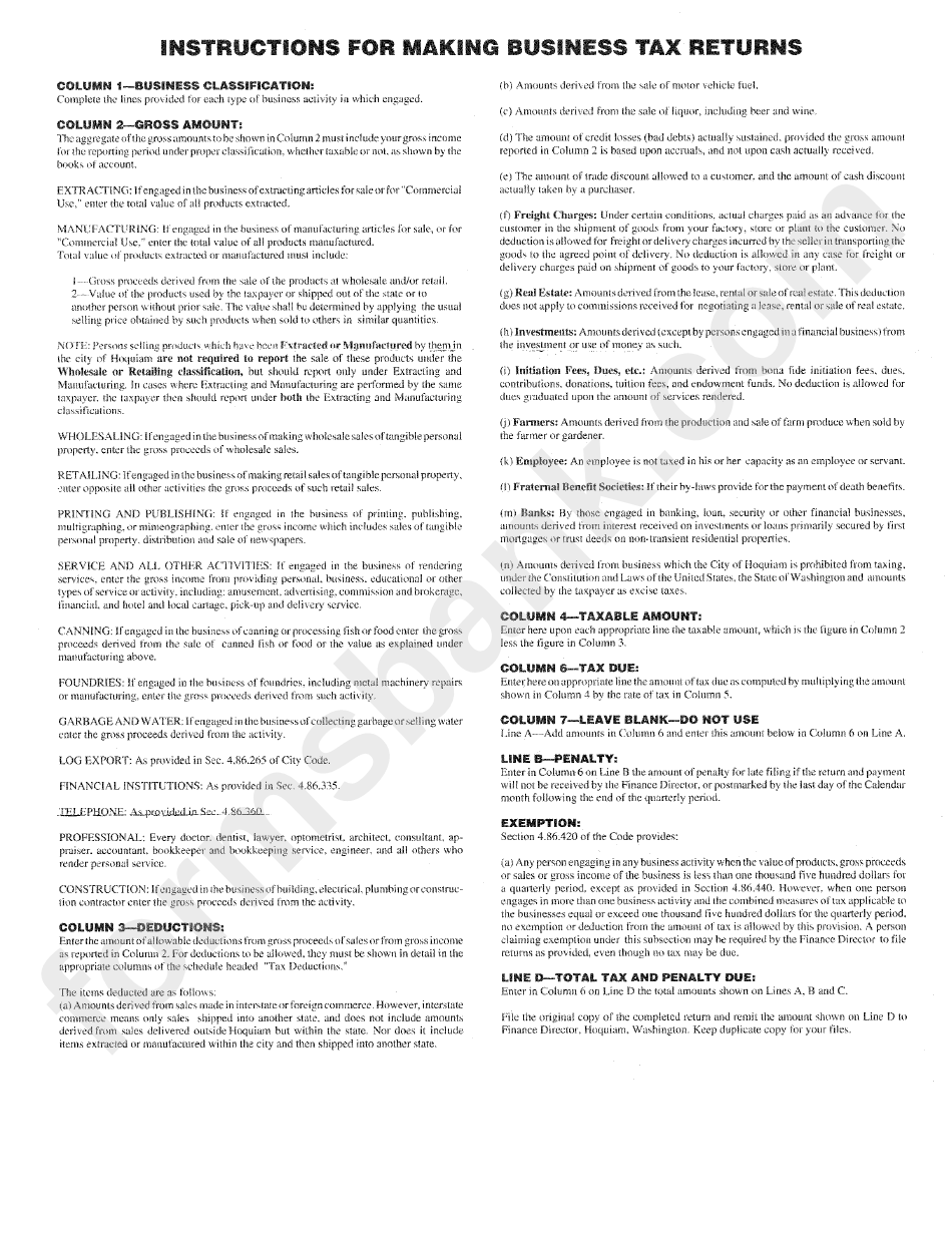 Instructions For Making Business Tax Returns City Of Hoquiam printable pdf download