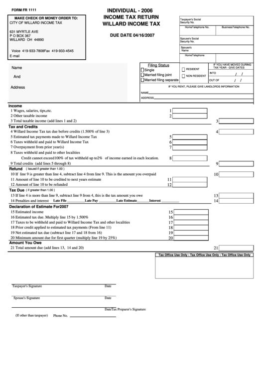 Form Fr 1111 Individual Tax Return Willard Tax 2006