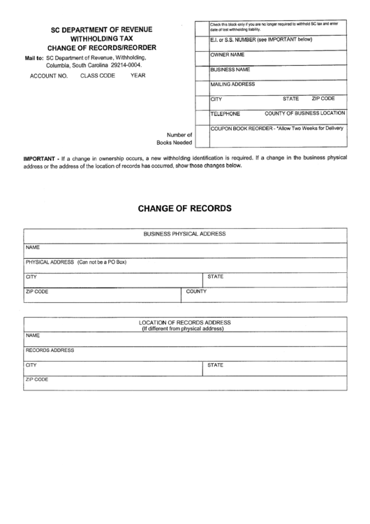 Withholding Tax Change Of Records/reorder South Carolina