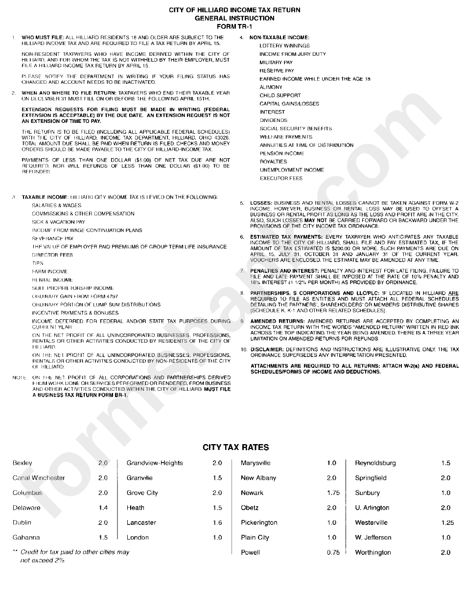 Form Tr1 Instructions Tax Return City Of Hilliard printable