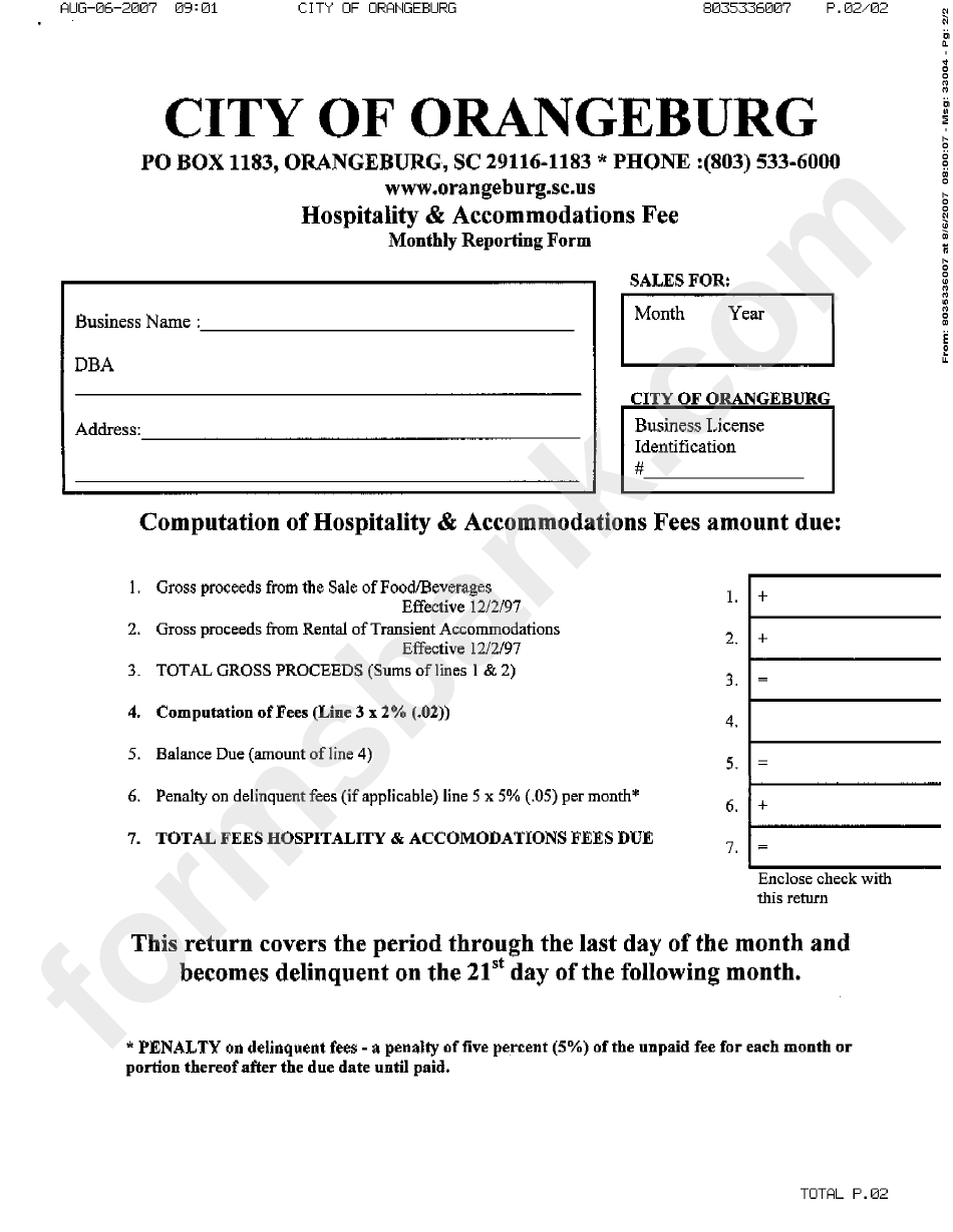 Hospitality And Fee Monthly Reporting Form City Of