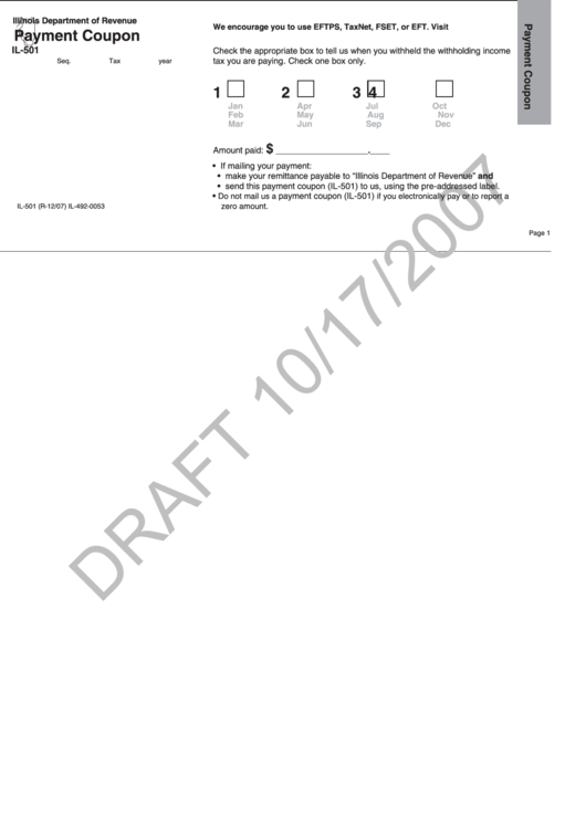 Form Il501 Draft Payment Coupon Illinois Department Of Revenue
