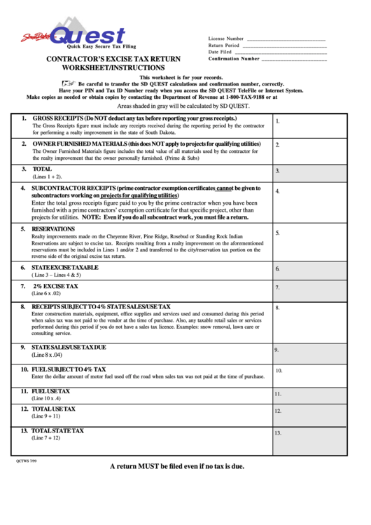 Form Qctws Contractor'S Excise Tax Return Worksheet/instructions