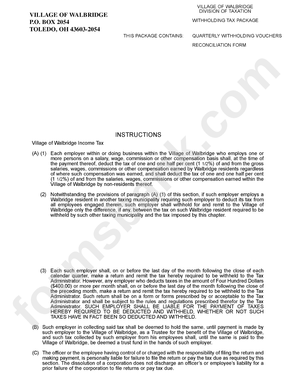 Withholding Tax Package Village Of Walbridge Division Of Taxation