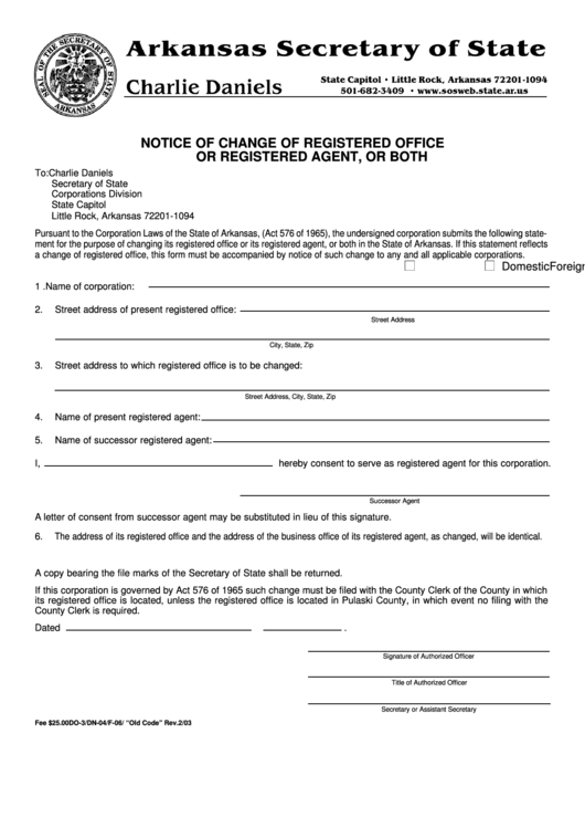 Notice Of Change Of Registered Office Of Registered Agent, Or Both