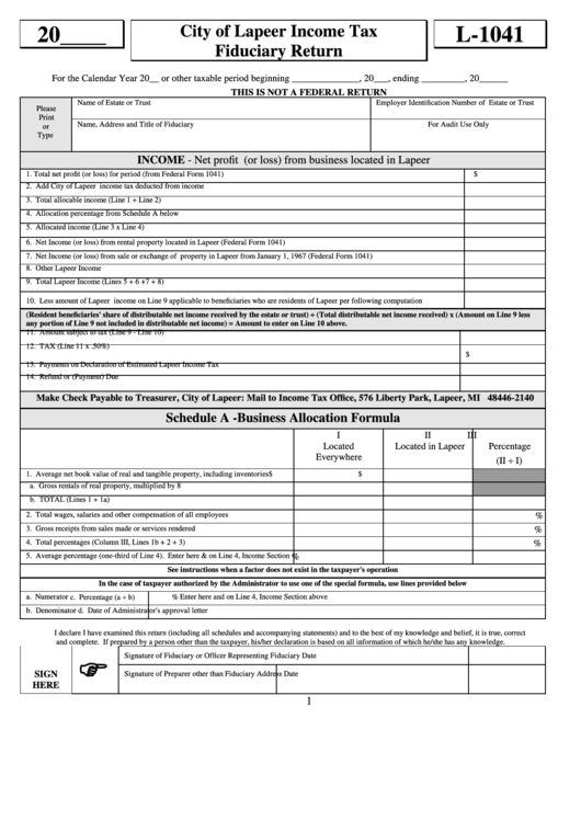 Form L1041 City Of Lapeer Tax Fiduciary Return printable pdf