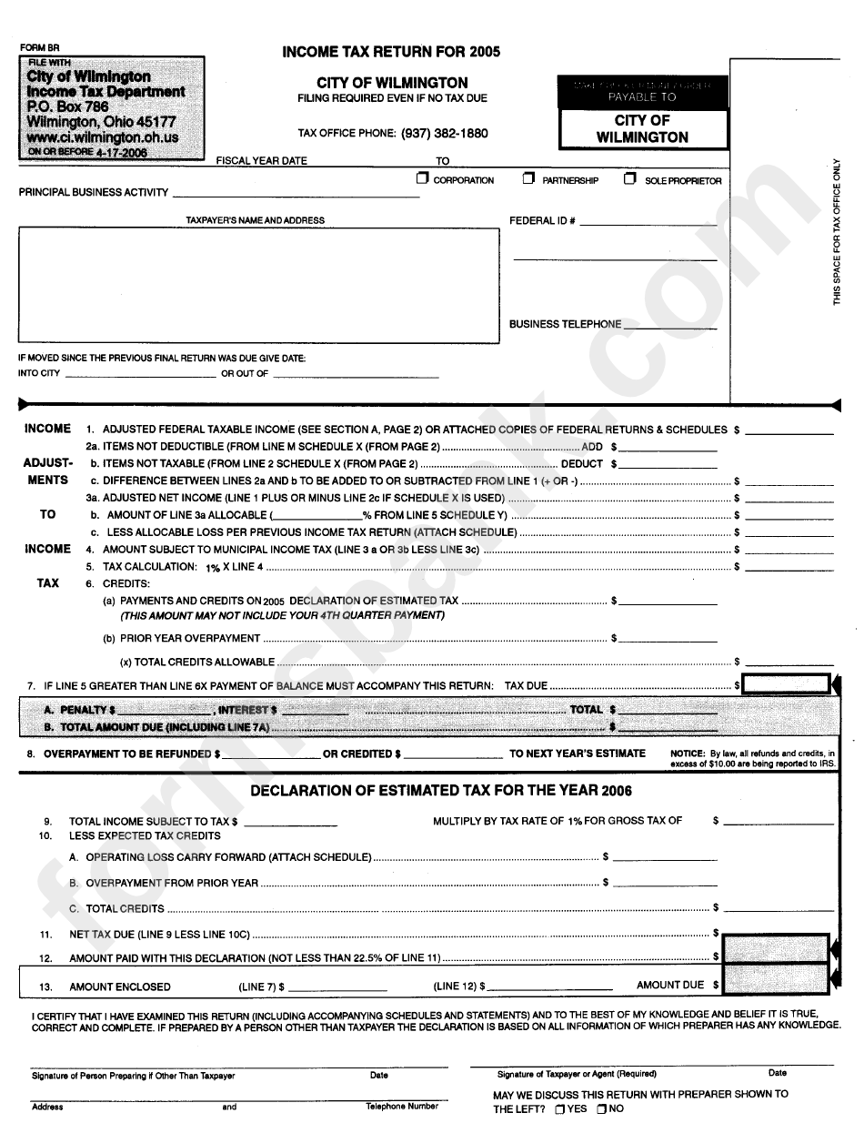 Form Br Tax Return City Of Wilmington, 2005 printable pdf