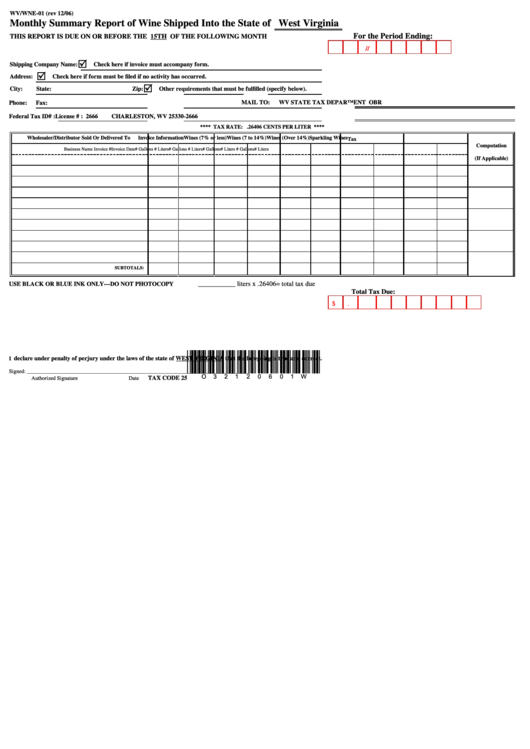 Form Wv/wne01 Monthly Summary Report Of Wine Shipped printable pdf