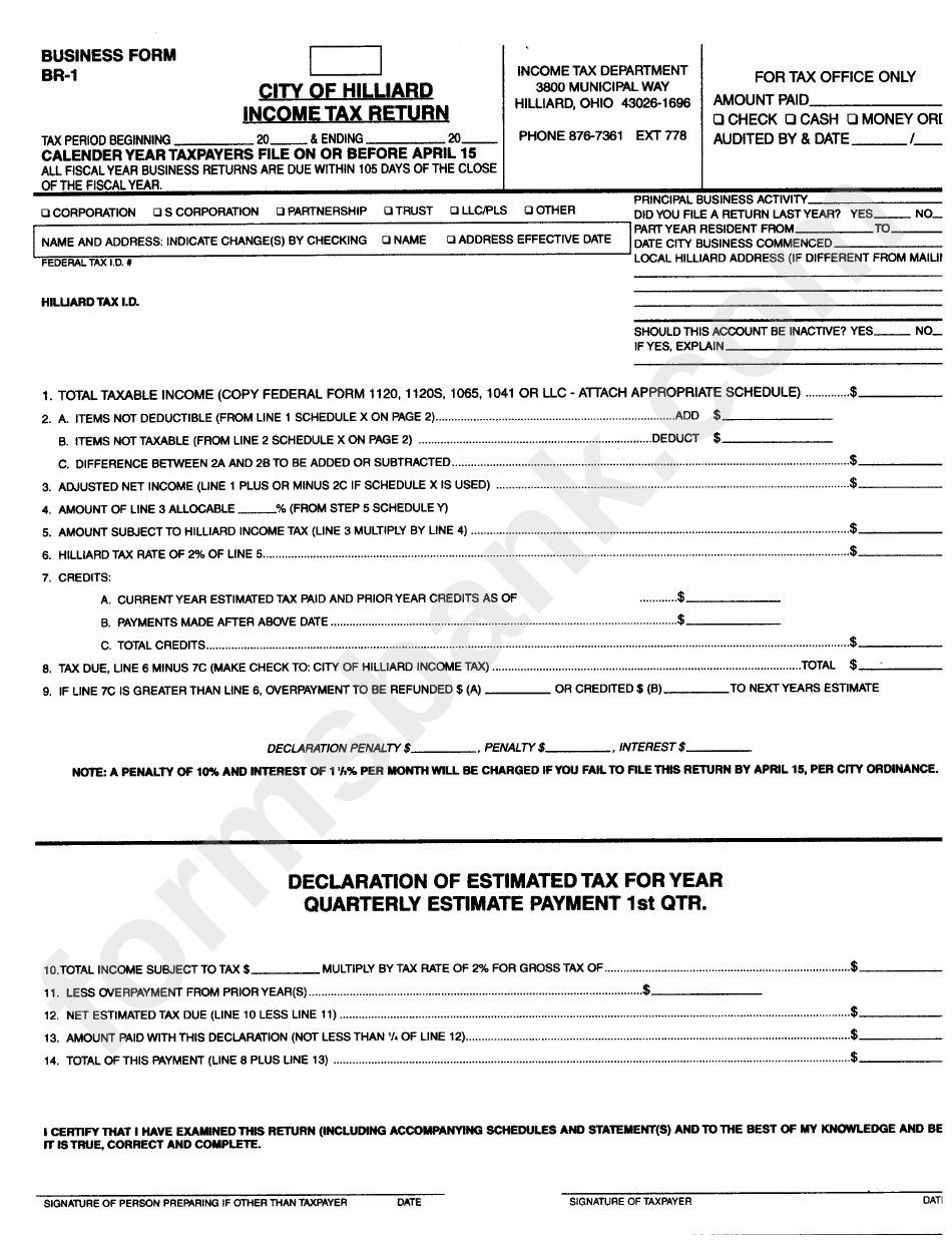Business Form Br1 City Of Hilliard Tax Return printable pdf