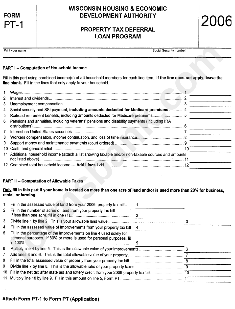 Form Pt1 Wisconsin Property Tax Deferral Loan Program printable pdf