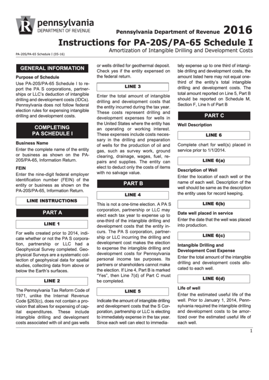 Instructions For Pa20s/pa65 Schedule I Amortization Of Intangible Drilling And Development