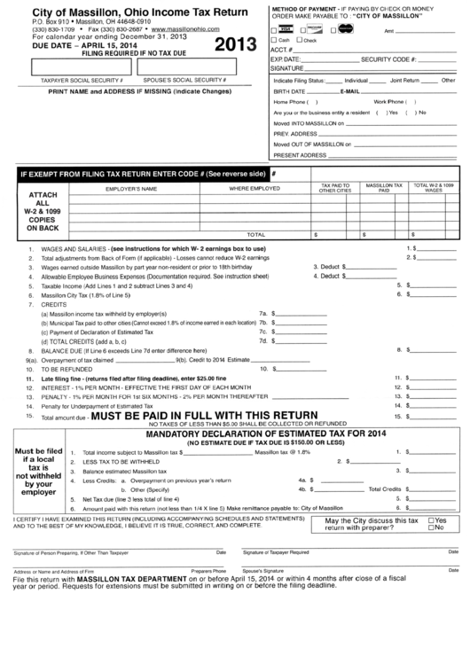 Ohio Tax Return Form City Of Massillon, 2013 printable pdf
