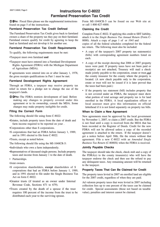 Instructions For C8022 Farmland Preservation Tax Credit Michigan