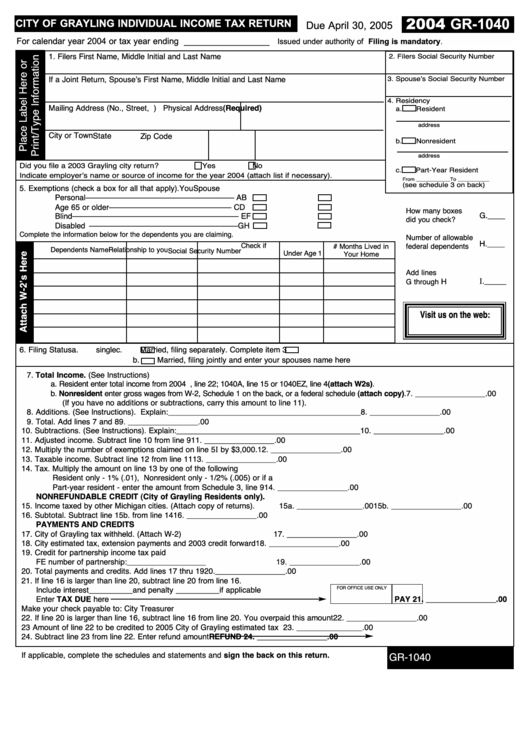 Form Gr1040 City Of Grayling Individual Tax Return 2004 printable pdf download