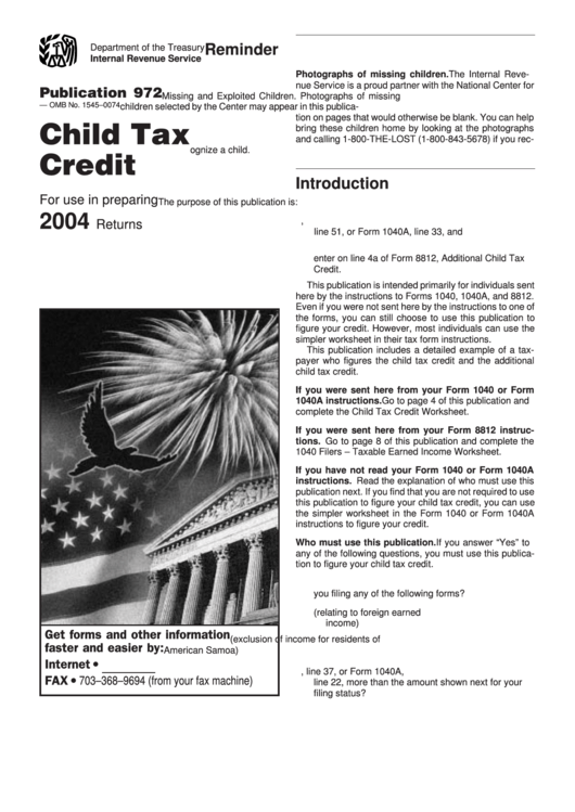 Child Tax Credit Instructions Department Of The Treasury printable