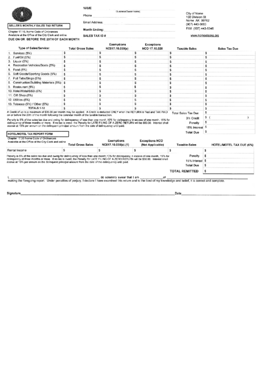 Sellers Monthly Sales Tax Return Form City Of Nome printable pdf download