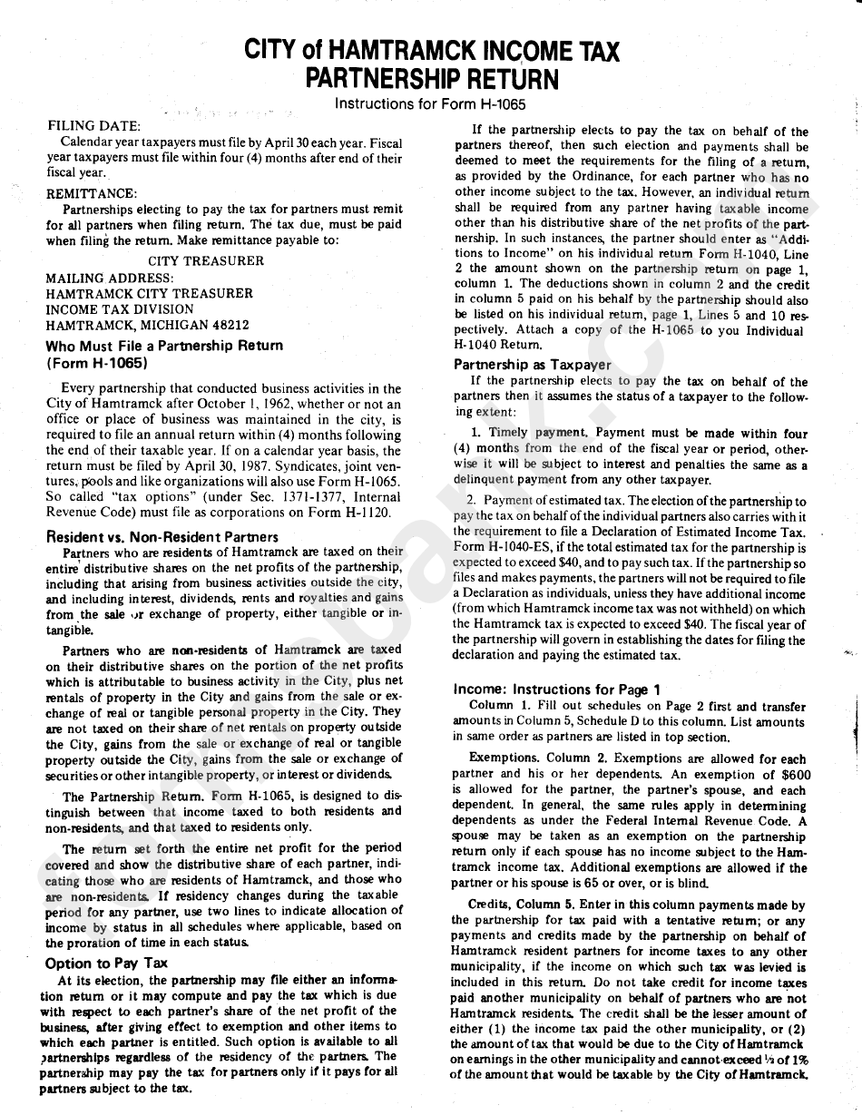 City Of Hamtramck Tax Partnership Return Instructions For Form