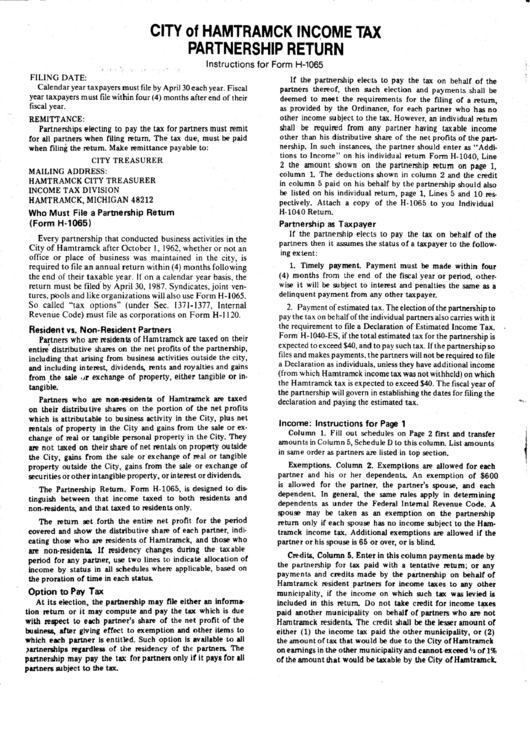 City Of Hamtramck Tax Partnership Return Instructions For Form