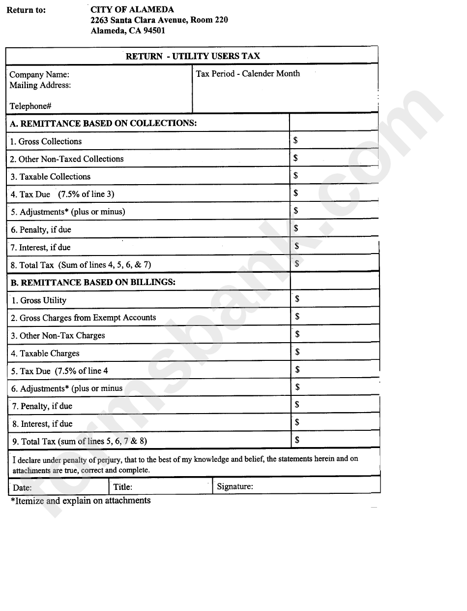 Return Utility Users Tax City Of Alameda printable pdf download