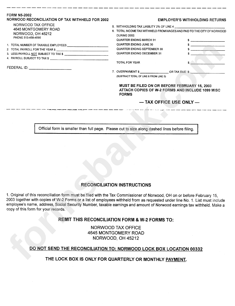 Form N52002 Norwood Reconciliation Of Tax Withheld For 2002