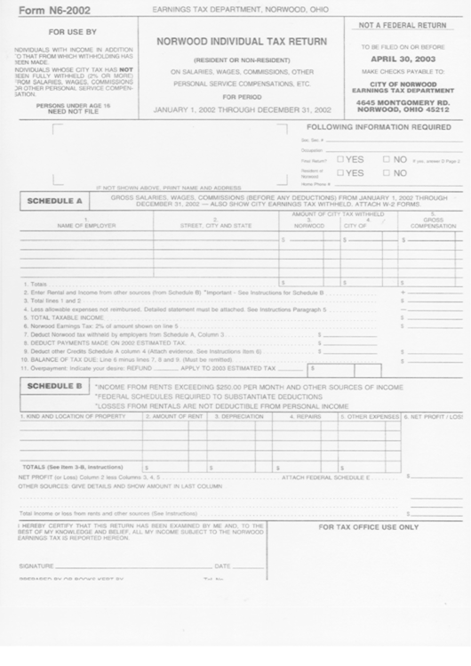 Form N62002 Norwood Individual Tax Return printable pdf download