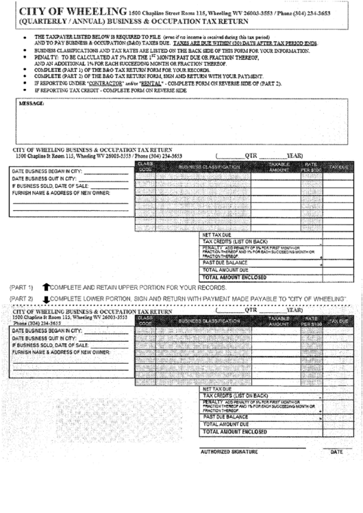 Quarterly / Annual Business & Occupation Tax Return City Of Wheeling