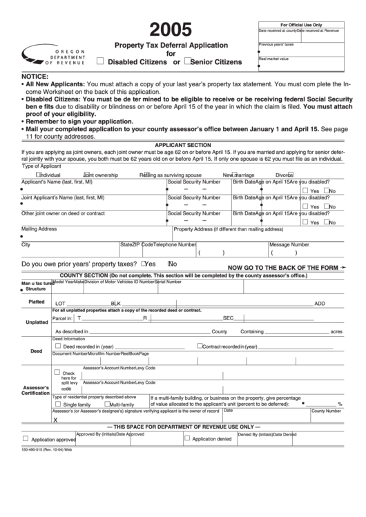 Fillable Form 150490015 Property Tax Deferral Application For