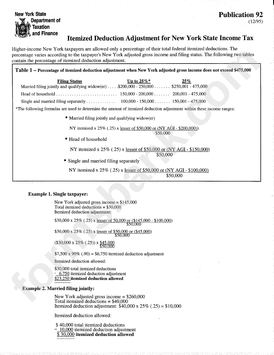 Itemized Deduction Adjustment For New York State Tax printable pdf download