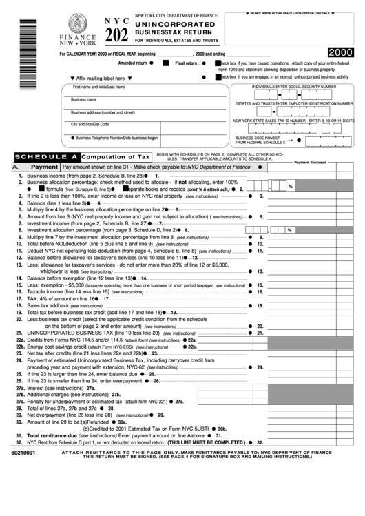 Form Nyc202 Unincorporated Business Tax Return For Individuals