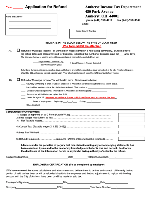 Application For Refund Amherst Tax Department Form printable