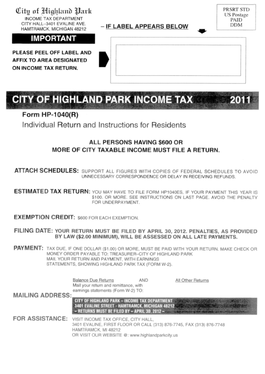 Form Hp1040(R) City Of Highland Park Tax 2011 printable pdf