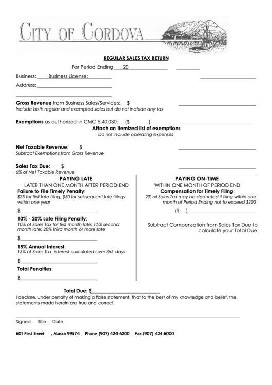 Regular Sales Tax Return City Of Cordova, Alaska printable pdf download