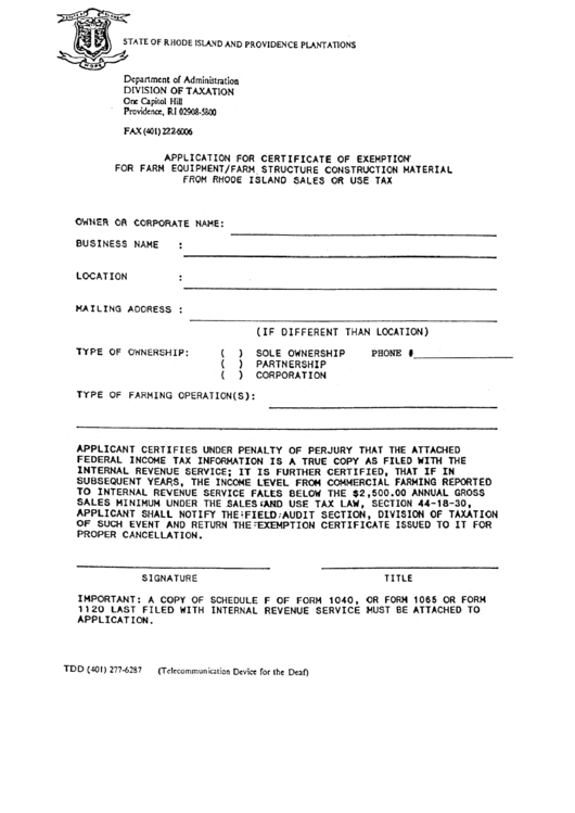 Application For Certificate Of Exemption For Farm Equipment/farm
