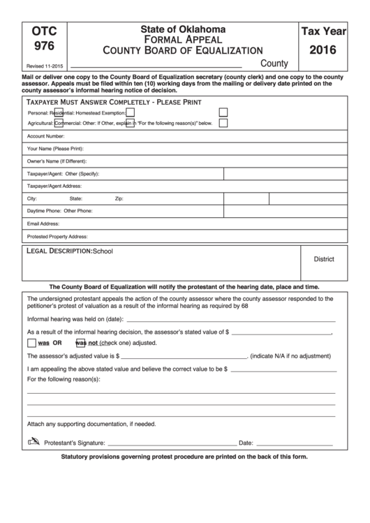 Fillable Form Otc 976 Formal Appeal County Board Of Equalization
