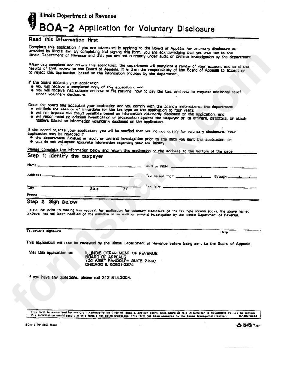 Form Boa2 Application For Voluntary Disclosure printable pdf download