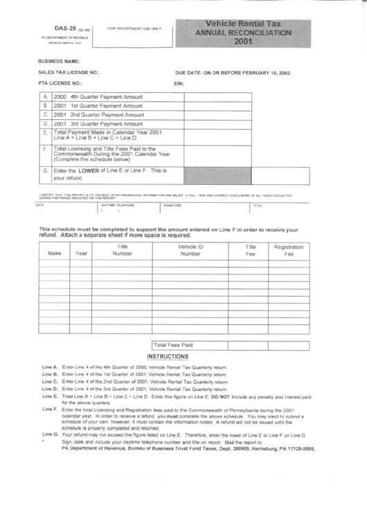 Form Das28 Vehicle Rental Tax Annual Reconciliation 2001 printable pdf download