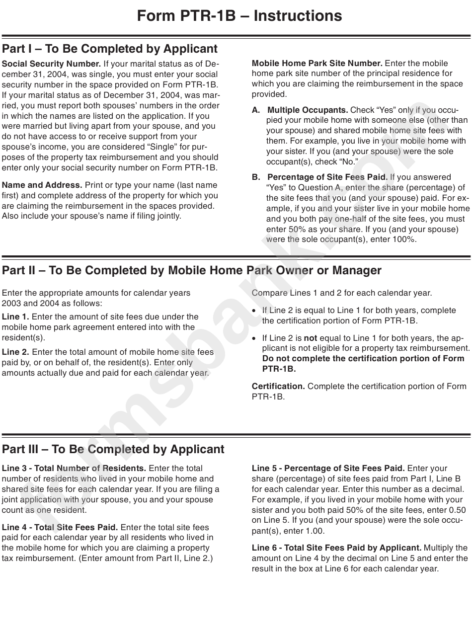 Form Ptr1b Instructions Mobile Home Owners Verification Of 2003 And 2004 Mobile Home Park