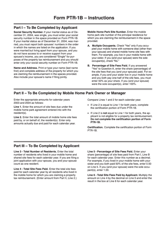 Form Ptr1b Instructions Mobile Home Owners Verification Of 2003 And 2004 Mobile Home Park