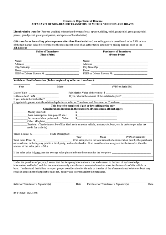 Form RvF1301201 Affadavit Of NonDealer Transfers Of Motor Vehicles